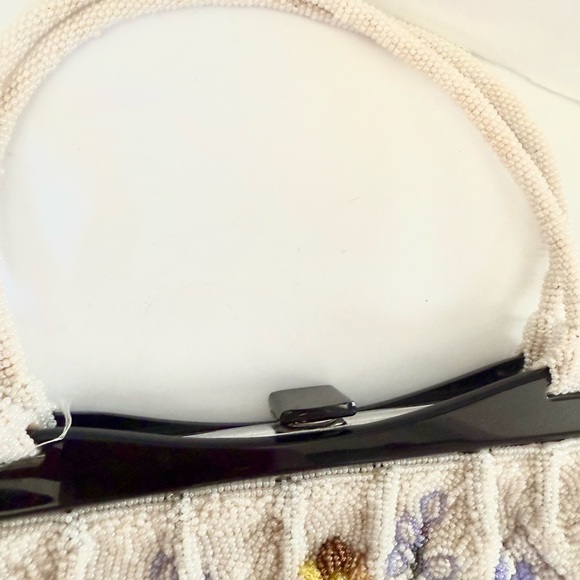 Vintage 50s Beaded Evening Purse Floral Acrylic Top Handle Bag Satin - Picture 7 of 10